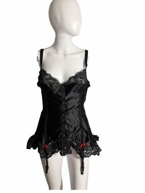 Vintage Black negligee Satin Lace with Red Ribbon Garter Straps M